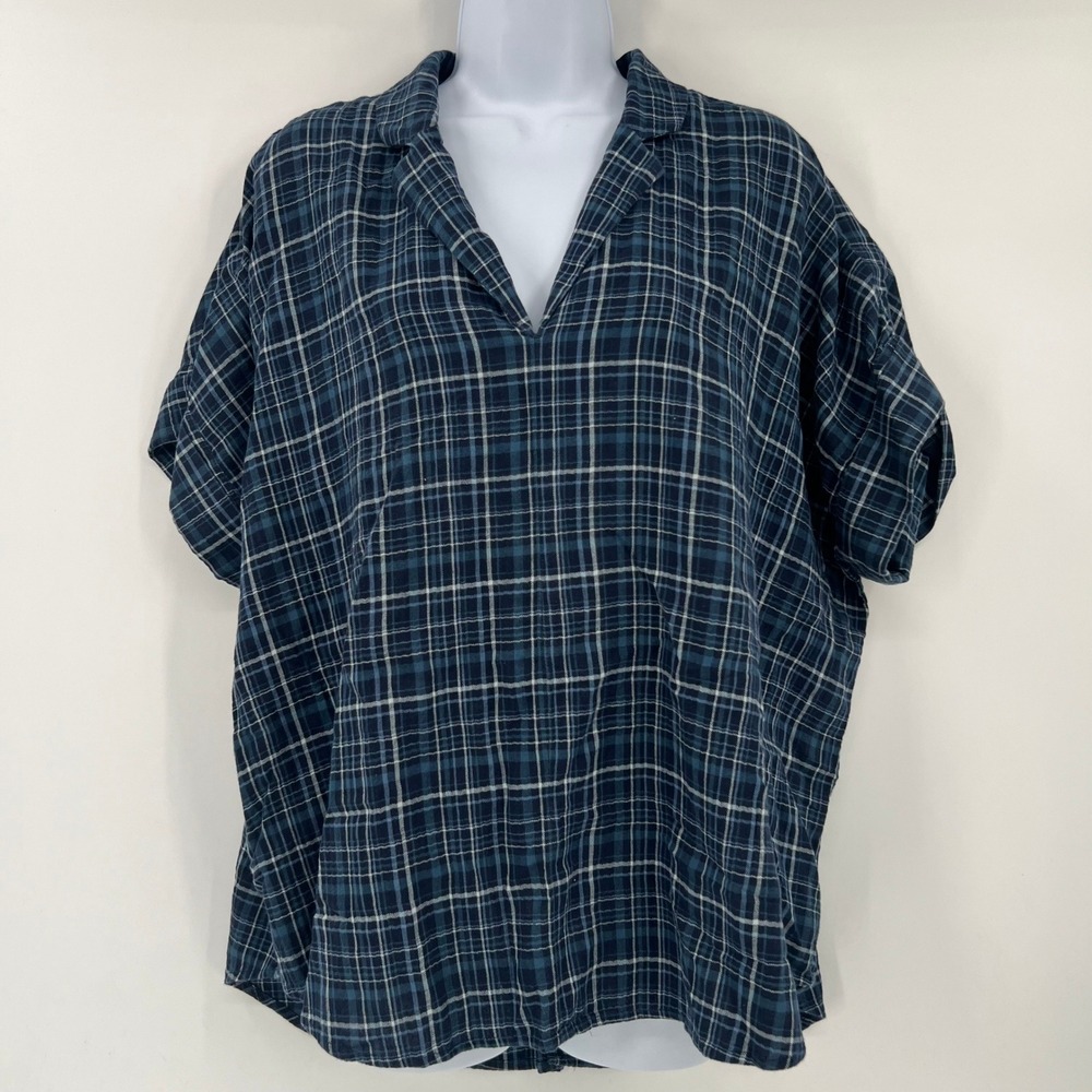 Madewell Swenson Women XL Blue Boxy Plaid Popover V-Neck Top Short Sleeve